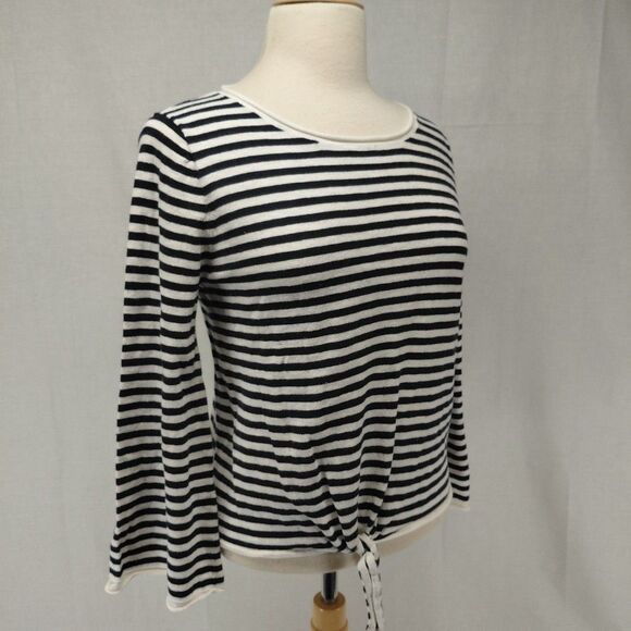 J. Crew Tops - J.Crew white/navy stripe tie front LS cotton sweater with rolled hems Size M